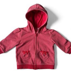 Gymboree 6–12M Pink Polka Dot Zip Up Hoodie Bow Pockets Fleece Lined Sweatshirt